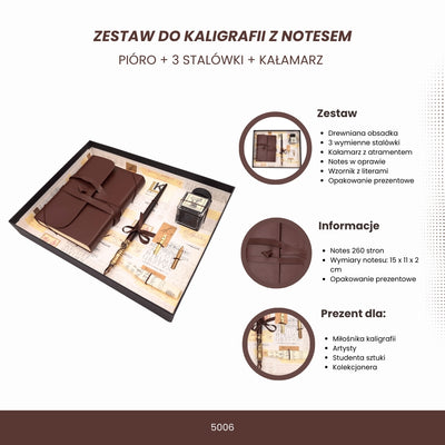 Ekskluzywny zestaw do kaligrafii z notesem - pióro + 3 stalówki + kałamarz - 5006