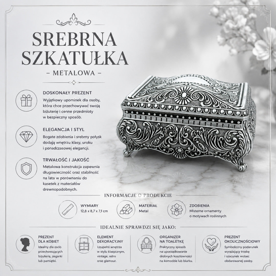 Srebrna Szkatułka Metalowa na Biżuterię – 20-74M