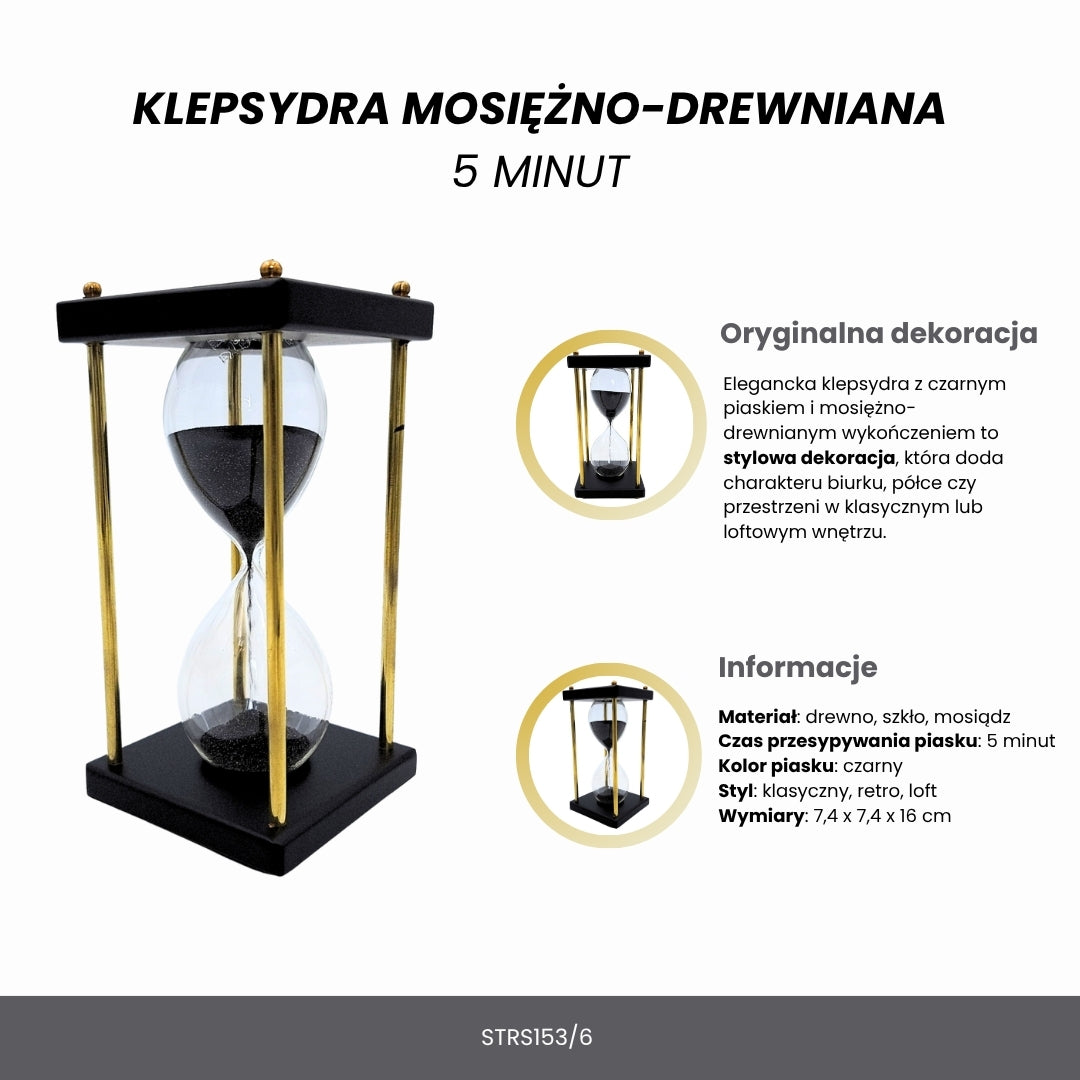 Mosazno-dřevěné přesýpací hodiny 5 minut – černý písek – elegantní retro dekorace - STRS