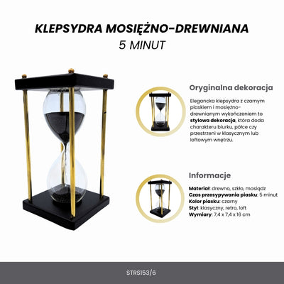 Mosazno-dřevěné přesýpací hodiny 5 minut – černý písek – elegantní retro dekorace - STRS