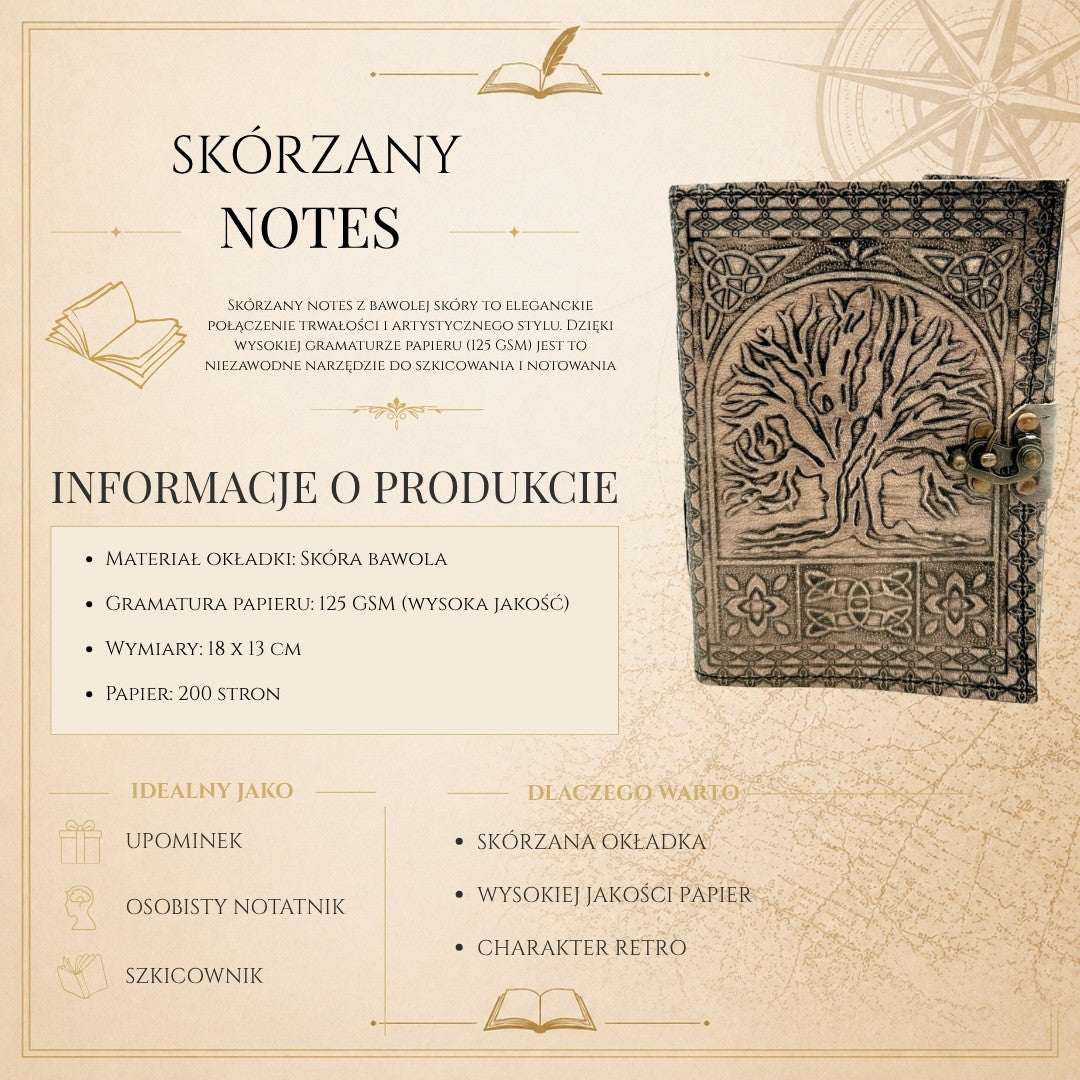 Skórzany Notatnik Retro Drzewo Życia – 200 stron 125 GSM - H019