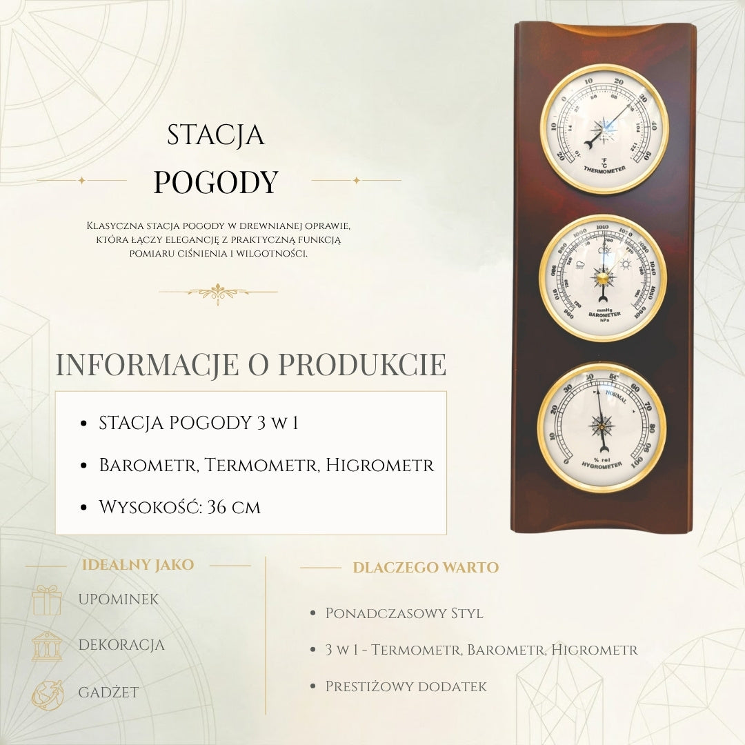 Elegantní meteorologická stanice – barometr teploměr vlhkoměr 36cm retro - YG336