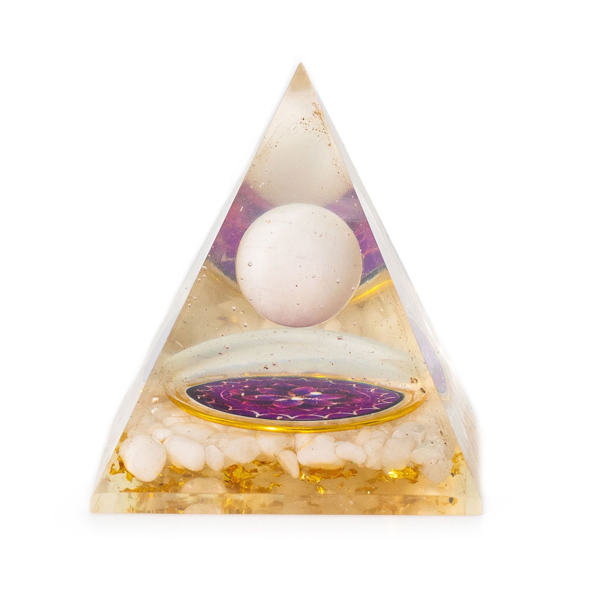 Orgonitová pyramida s bílou křišťálovou koulí 7x6 cm - přírodní kousky křišťálu a zlaté vločky