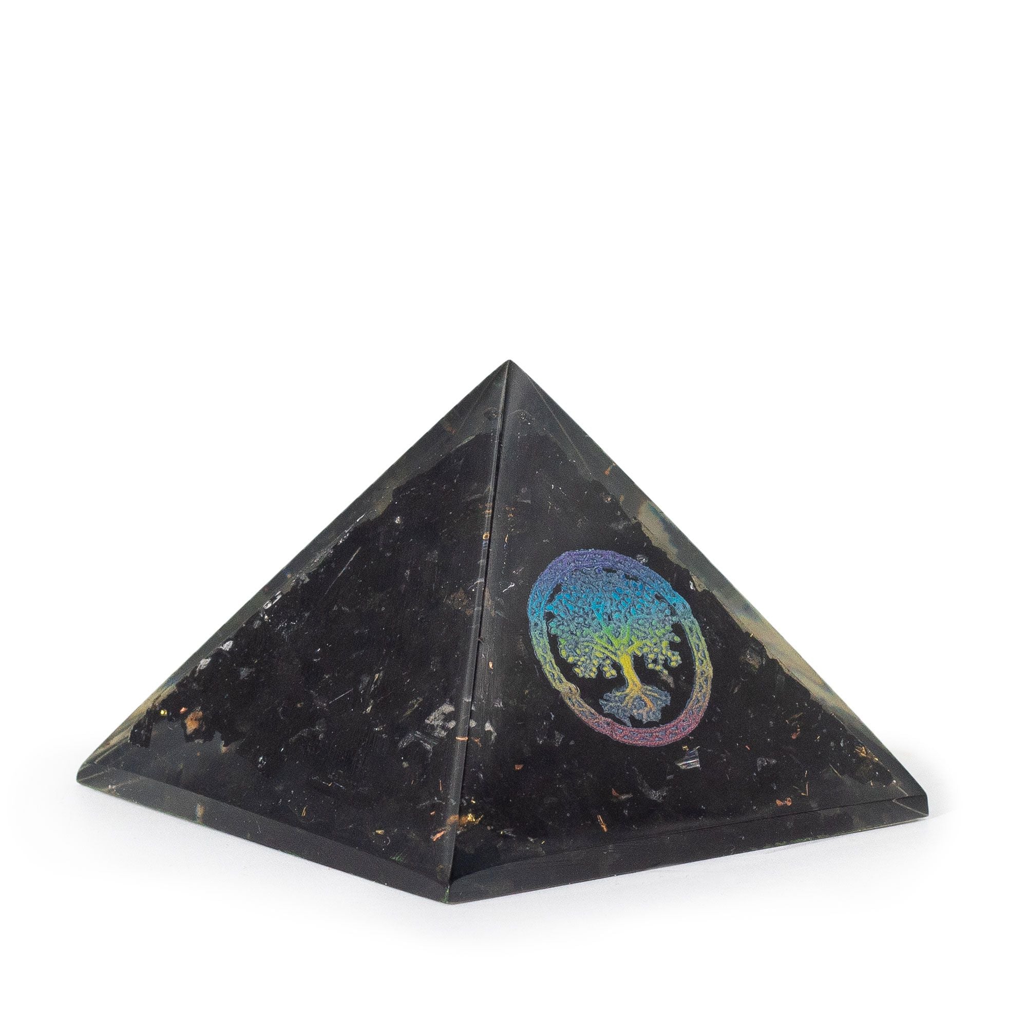 Elegantní orgonitová pyramida z černého turmalínu se symbolem stromu života - 5,5x4,5 cm