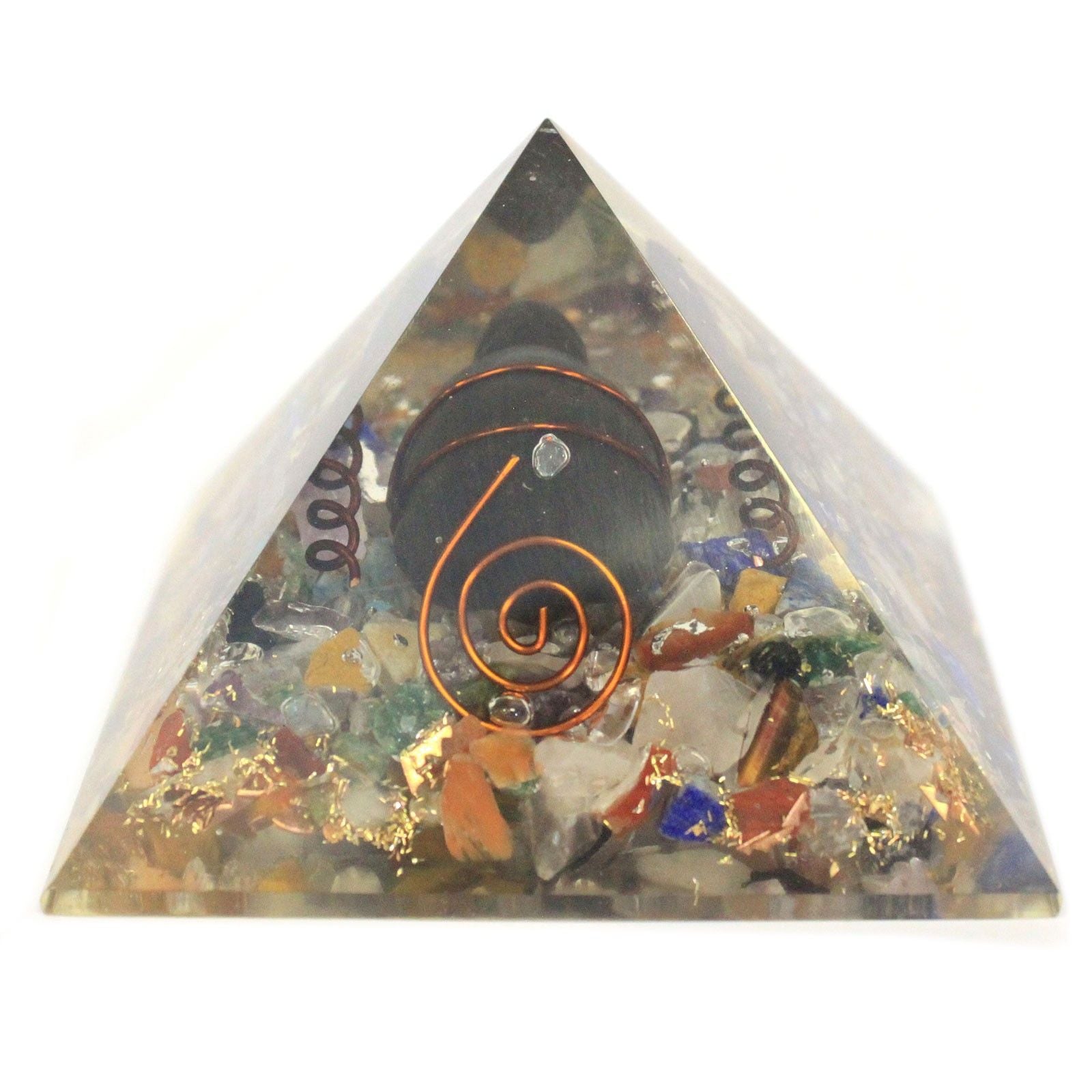 Střední orgonitová pyramida 60 mm s drahokamovými čipy, mědí a želvou