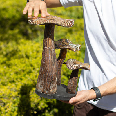 Duża Złota Grzybowa Rzeźba 32 cm - Naturalne Drewno - Unikalny Element Dekoracyjny na Prezent - Styl Leśny, Rustykalny i Nowoczesny