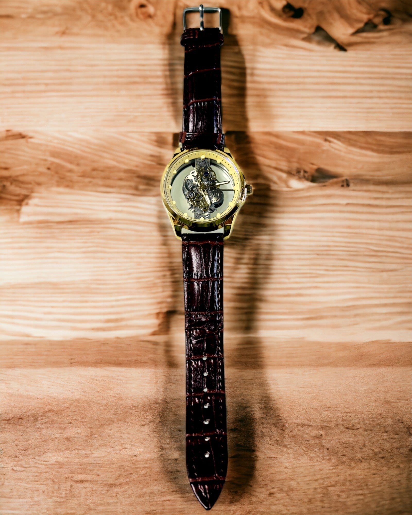 Pánské hodinky s průhledným mechanismem - Elegance a preciznost ve zlatém provedení