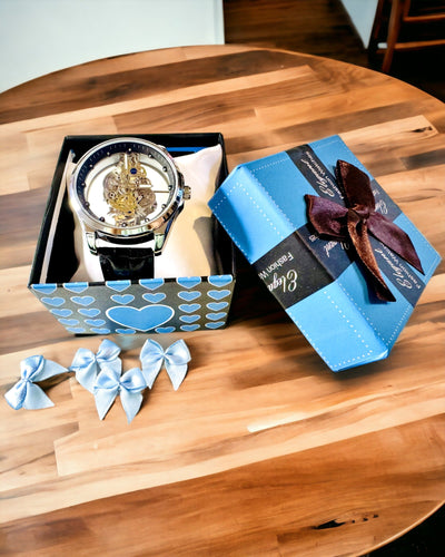 Pánské Křemenné Hodinky s Průhledným Ciferníkem - Klasická Elegance v Moderním Podání černý pásek. Personalizace gravírováním