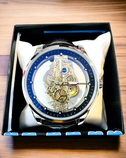 Pánské Křemenné Hodinky s Průhledným Ciferníkem - Klasická Elegance v Moderním Podání černý pásek. Personalizace gravírováním