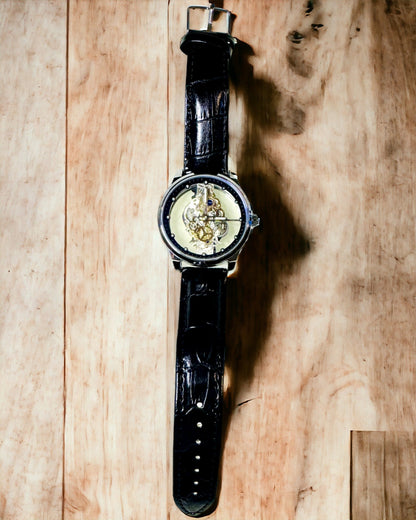 Pánské Křemenné Hodinky s Průhledným Ciferníkem - Klasická Elegance v Moderním Podání černý pásek. Personalizace gravírováním