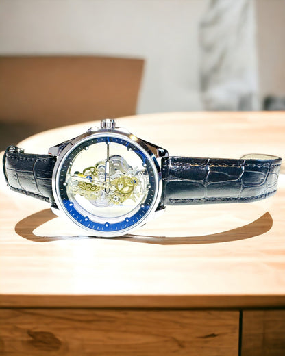Pánské Křemenné Hodinky s Průhledným Ciferníkem - Klasická Elegance v Moderním Podání černý pásek. Personalizace gravírováním