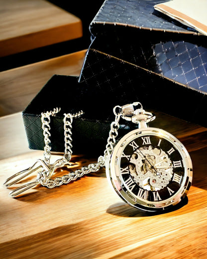Stříbrné exkluzivní kapesní hodinky mechanické v retro stylu, vodotěsné - elegance pro každou příležitost, s gravírováním