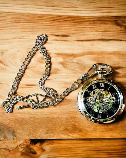 Stříbrné exkluzivní kapesní hodinky mechanické v retro stylu, vodotěsné - elegance pro každou příležitost, s gravírováním