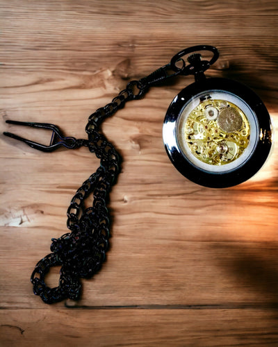 Mechanické kapesní hodinky v retro stylu, vodotěsné, poloautomatické - černá barva - ideální jako dárek, gravírování