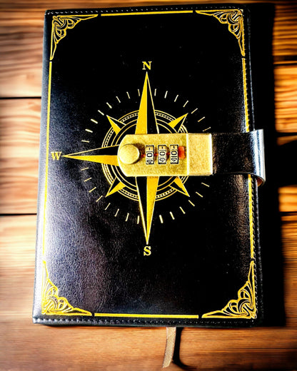 Prémiový zápisník s číselným zámkem A5 - Vintage styl s kompasem, japonský design, papírenské zboží pro studenty a podnikání. Personalizace gravírováním