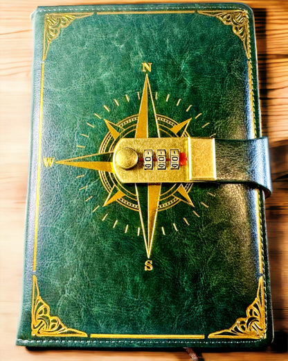 Prémiový zápisník s číselným zámkem A5 - Vintage styl s kompasem, japonský design, papírenské zboží pro studenty a podnikání. Personalizace gravírováním
