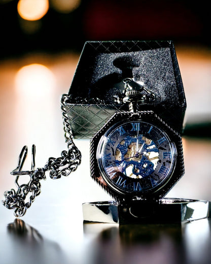 Klasické osmihranné mechanické kapesní hodinky Steampunk v černé barvě, gravírování