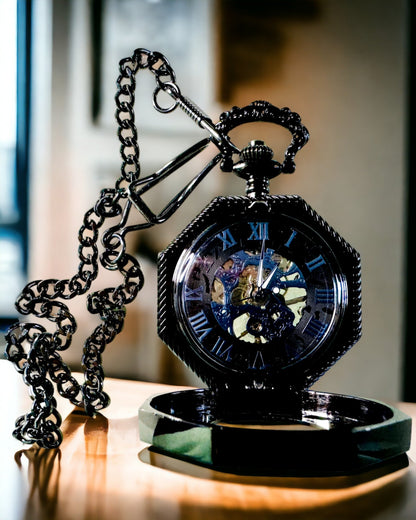 Klasické osmihranné mechanické kapesní hodinky Steampunk v černé barvě, gravírování