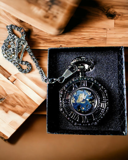 Klasické osmihranné mechanické kapesní hodinky Steampunk v černé barvě, gravírování