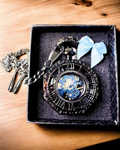 Klasické osmihranné mechanické kapesní hodinky Steampunk v černé barvě, gravírování