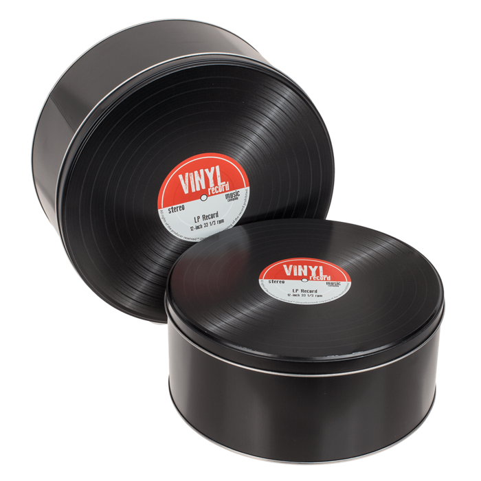 Kovové krabičky stylizované jako vinylové desky v retro stylu, možnost personalizace gravírováním