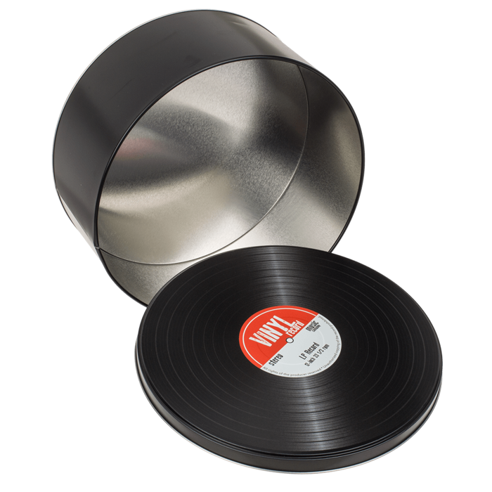 Kovové krabičky stylizované jako vinylové desky v retro stylu, možnost personalizace gravírováním